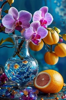 Captivating purple orchid, glass of ice, lemon, and colorful spheres. Bright, modern design perfect for beverage, wellness, or floral promotions