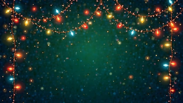 Glowing Christmas lights and garlands in bold multicolored shades, symmetrically woven into a seamless pattern on a dark green or black background, creating a dazzling holiday design.