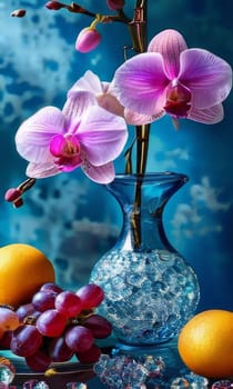 Captivating purple orchid, glass of ice, lemon, and colorful spheres. Bright, modern design perfect for beverage, wellness, or floral promotions