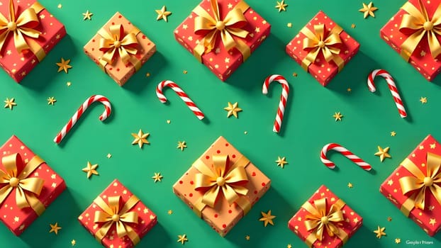 Wrapped presents in a variety of colors, accented with candy canes and scattered stars, create a seamless, symmetrical pattern on a vibrant green background, ideal for New Years and Christmas decor.