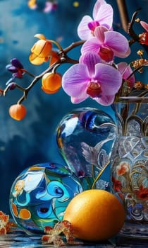 Stunning purple orchid with ice-filled glass, lemon, and vibrant spheres. Fresh and colorful composition ideal for floral, beverage, or wellness sectors