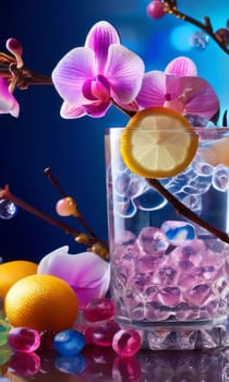 Stunning purple orchid with ice-filled glass, lemon, and vibrant spheres. Fresh and colorful composition ideal for floral, beverage, or wellness sectors