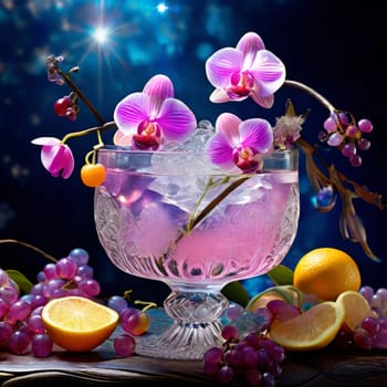 Stunning purple orchid with ice-filled glass, lemon, and vibrant spheres. Fresh and colorful composition ideal for floral, beverage, or wellness sectors