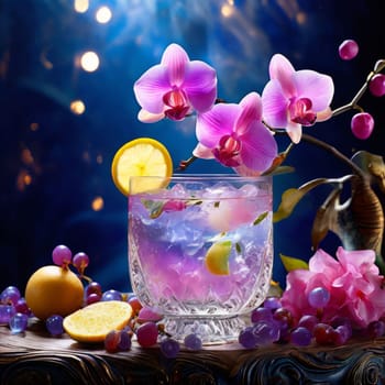 Stunning purple orchid with ice-filled glass, lemon, and vibrant spheres. Fresh and colorful composition ideal for floral, beverage, or wellness sectors