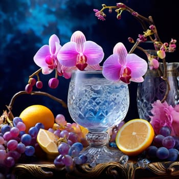 Stunning purple orchid with ice-filled glass, lemon, and vibrant spheres. Fresh and colorful composition ideal for floral, beverage, or wellness sectors