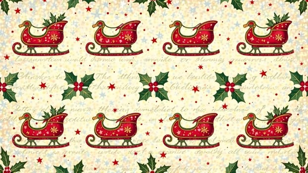 A vintage-inspired seamless pattern featuring old-fashioned sleighs, holly leaves, and handwritten greetings in muted red and green tones, arranged symmetrically for a nostalgic holiday charm.