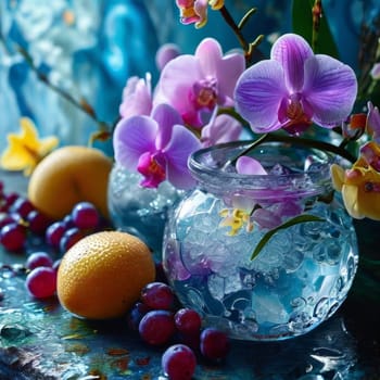 Stunning purple orchid with ice-filled glass, lemon, and vibrant spheres. Fresh and colorful composition ideal for floral, beverage, or wellness sectors