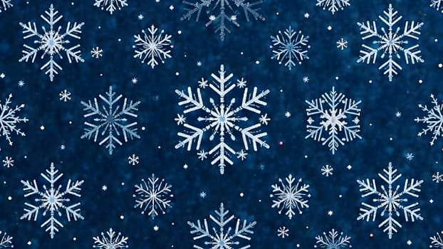 Intricate snowflakes and twinkling stars in soft white, silver, and icy blue, symmetrically placed on a rich navy background, create a seamless, frosty pattern, perfect for elegant Christmas and New Years designs.