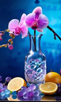 Stunning purple orchid with ice-filled glass, lemon, and vibrant spheres. Fresh and colorful composition ideal for floral, beverage, or wellness sectors