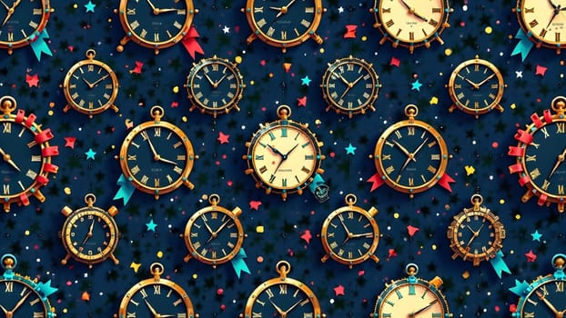 This New Years pattern features antique clocks, shimmering stars, and festive ribbons, capturing the joy of midnight celebrations.