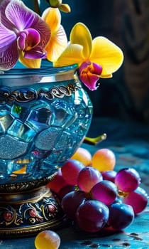 Stunning purple orchid with ice-filled glass, lemon, and vibrant spheres. Fresh and colorful composition ideal for floral, beverage, or wellness sectors