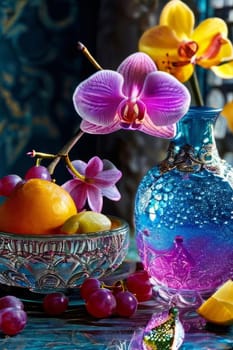 Purple orchid, crystal glass, ice, lemon, and colorful spheres. Modern and fresh design perfect for vibrant, eye-catching promotions