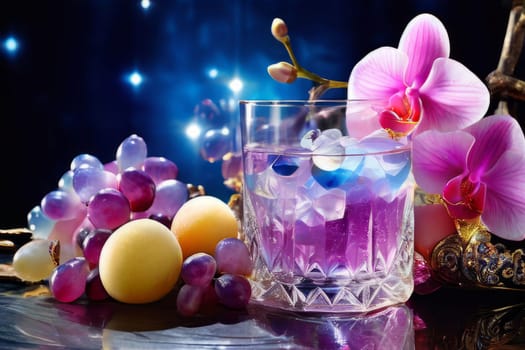 Purple orchid, crystal glass, ice, lemon, and colorful spheres. Modern and fresh design perfect for vibrant, eye-catching promotions