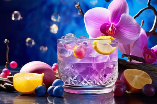 Purple orchid, crystal glass, ice, lemon, and colorful spheres. Modern and fresh design perfect for vibrant, eye-catching promotions