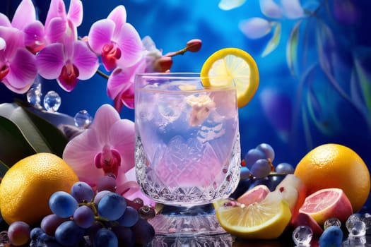 Purple orchid, crystal glass, ice, lemon, and colorful spheres. Modern and fresh design perfect for vibrant, eye-catching promotions