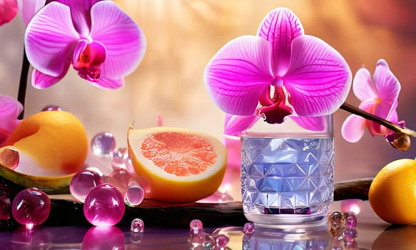 Purple orchid, crystal glass, ice, lemon, and colorful spheres. Modern and fresh design perfect for vibrant, eye-catching promotions