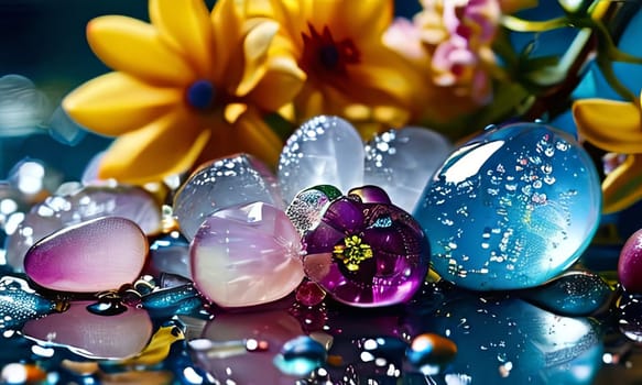 Elegant purple orchid with ice-filled glass, lemon, and vibrant spheres. Ideal for fresh, colorful compositions in beverage, wellness, or floral contexts