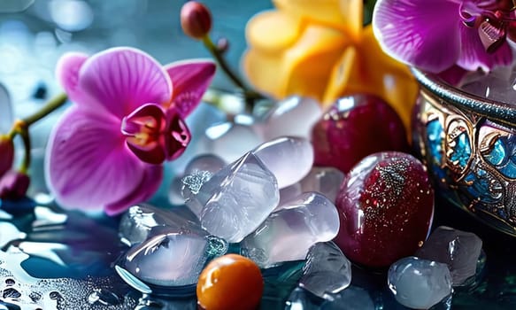 Elegant purple orchid with ice-filled glass, lemon, and vibrant spheres. Ideal for fresh, colorful compositions in beverage, wellness, or floral contexts