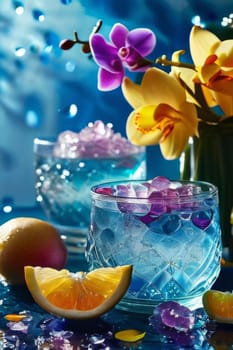 Elegant purple orchid with ice-filled glass, lemon, and vibrant spheres. Ideal for fresh, colorful compositions in beverage, wellness, or floral contexts
