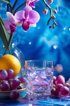 Elegant purple orchid with ice-filled glass, lemon, and vibrant spheres. Ideal for fresh, colorful compositions in beverage, wellness, or floral contexts