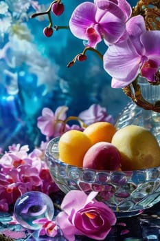 Elegant purple orchid with ice-filled glass, lemon, and vibrant spheres. Ideal for fresh, colorful compositions in beverage, wellness, or floral contexts