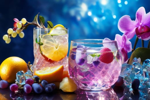 Elegant purple orchid with ice-filled glass, lemon, and vibrant spheres. Ideal for fresh, colorful compositions in beverage, wellness, or floral contexts