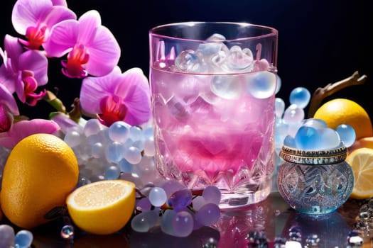 Elegant purple orchid with ice-filled glass, lemon, and vibrant spheres. Ideal for fresh, colorful compositions in beverage, wellness, or floral contexts
