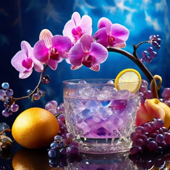 Beautiful purple orchid, ice-filled glass, lemon, and colorful spheres. Bright, modern aesthetic perfect for floral, wellness, or beverage themes