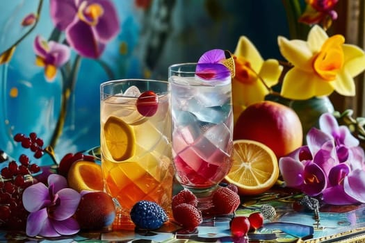 Vibrant composition featuring purple orchid, glass with ice cubes, yellow lemon, colorful spheres. Modern, fresh aesthetic ideal for beverage, wellness, floral themes. Bright, enticing colors