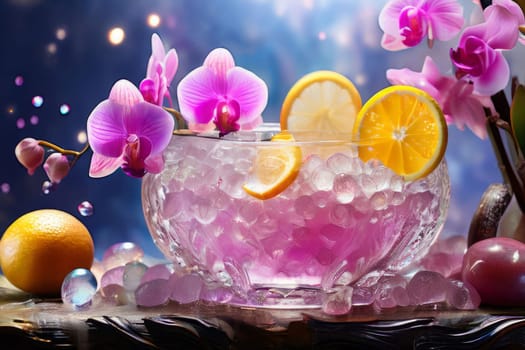 Vibrant composition featuring purple orchid, glass with ice cubes, yellow lemon, colorful spheres. Modern, fresh aesthetic ideal for beverage, wellness, floral themes. Bright, enticing colors