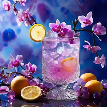 Vibrant composition featuring purple orchid, glass with ice cubes, yellow lemon, colorful spheres. Modern, fresh aesthetic ideal for beverage, wellness, floral themes. Bright, enticing colors
