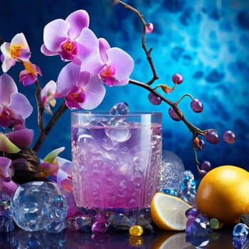 Vibrant composition featuring purple orchid, glass with ice cubes, yellow lemon, colorful spheres. Modern, fresh aesthetic ideal for beverage, wellness, floral themes. Bright, enticing colors