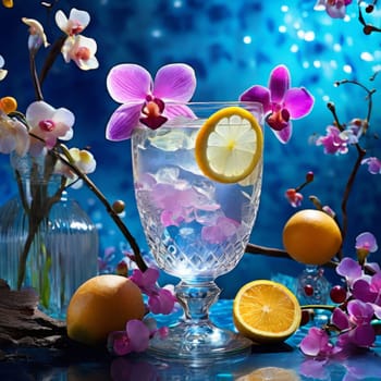 Vibrant composition featuring purple orchid, glass with ice cubes, yellow lemon, colorful spheres. Modern, fresh aesthetic ideal for beverage, wellness, floral themes. Bright, enticing colors