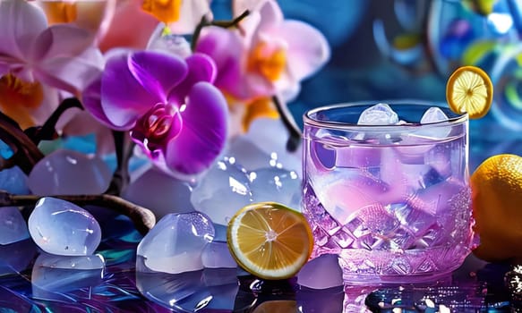 Vibrant composition featuring purple orchid, glass with ice cubes, yellow lemon, colorful spheres. Modern, fresh aesthetic ideal for beverage, wellness, floral themes. Bright, enticing colors