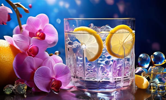 Vibrant composition featuring purple orchid, glass with ice cubes, yellow lemon, colorful spheres. Modern, fresh aesthetic ideal for beverage, wellness, floral themes. Bright, enticing colors