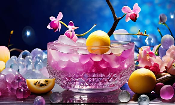 Vibrant composition featuring purple orchid, glass with ice cubes, yellow lemon, colorful spheres. Modern, fresh aesthetic ideal for beverage, wellness, floral themes. Bright, enticing colors