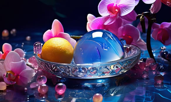 Vibrant composition featuring purple orchid, glass with ice cubes, yellow lemon, colorful spheres. Modern, fresh aesthetic ideal for beverage, wellness, floral themes. Bright, enticing colors