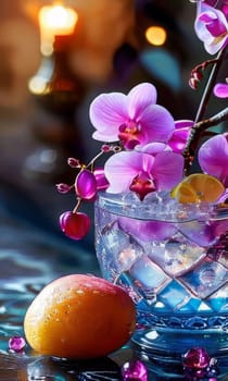 Vibrant composition featuring purple orchid, glass with ice cubes, yellow lemon, colorful spheres. Modern, fresh aesthetic ideal for beverage, wellness, floral themes. Bright, enticing colors