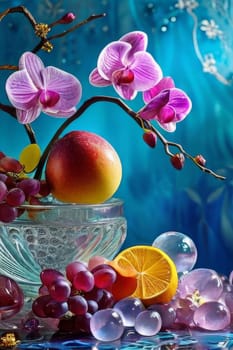 Vibrant composition featuring purple orchid, glass with ice cubes, yellow lemon, colorful spheres. Modern, fresh aesthetic ideal for beverage, wellness, floral themes. Bright, enticing colors