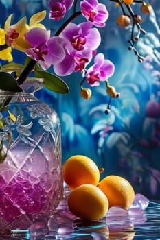 Vibrant composition featuring purple orchid, glass with ice cubes, yellow lemon, colorful spheres. Modern, fresh aesthetic ideal for beverage, wellness, floral themes. Bright, enticing colors