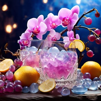 Vibrant composition featuring purple orchid, glass with ice cubes, yellow lemon, colorful spheres. Modern, fresh aesthetic ideal for beverage, wellness, floral themes. Bright, enticing colors