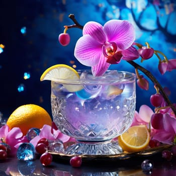 Vibrant composition featuring purple orchid, glass with ice cubes, yellow lemon, colorful spheres. Modern, fresh aesthetic ideal for beverage, wellness, floral themes. Bright, enticing colors