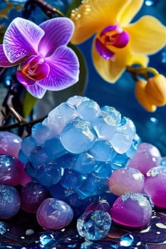 Vibrant composition featuring purple orchid, glass with ice cubes, yellow lemon, colorful spheres. Modern, fresh aesthetic ideal for beverage, wellness, floral themes. Bright, enticing colors