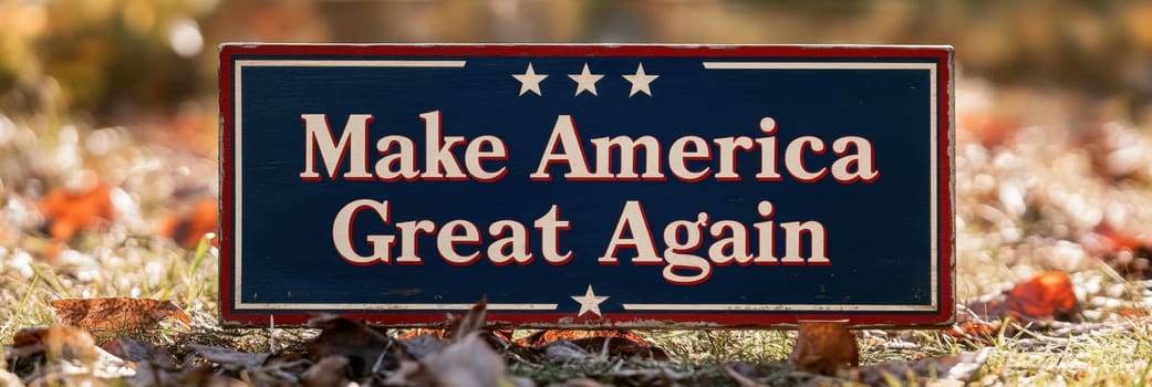 Weathered Make America Great Again Political Sign Surrounded by Grassy Leaves in Rural Setting.