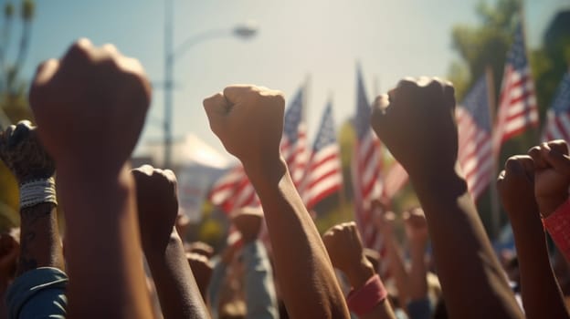 A diverse group of people of all ages raises their fists in solidarity and determination, gathered in a public space with American flags waving in the background, captured from a low angle.