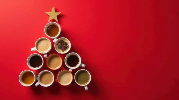 A creative arrangement of coffee cups filled with rich coffee and scattered coffee beans, artistically shaped like a Christmas tree against a vibrant red background, ideal for festive celebrations.