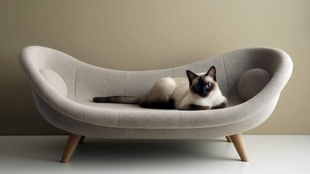 A Siamese cat lounges comfortably on a chic, modern couch, showcasing its elegant features in a cozy home environment filled with natural light - Generative AI