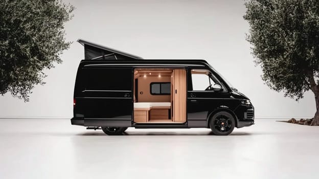 Sleek black camper van is parked in a field, its door open to reveal a cozy interior, inviting you to experience the freedom of the open road