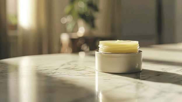 Cosmetic cream in a glass jar. Skin care concept. Background for beauty products