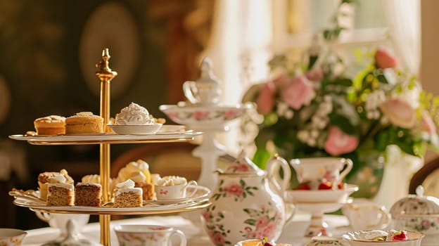 Elegant table setting for tea party with cakes and cupcakes in English manor. Selective focus. Vintage style